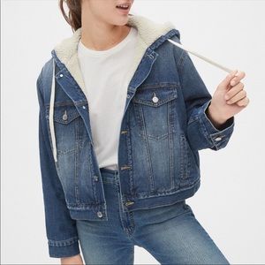 Gap Hooded Sherpa Lined Cropped Jean Denim Jacket Size Small